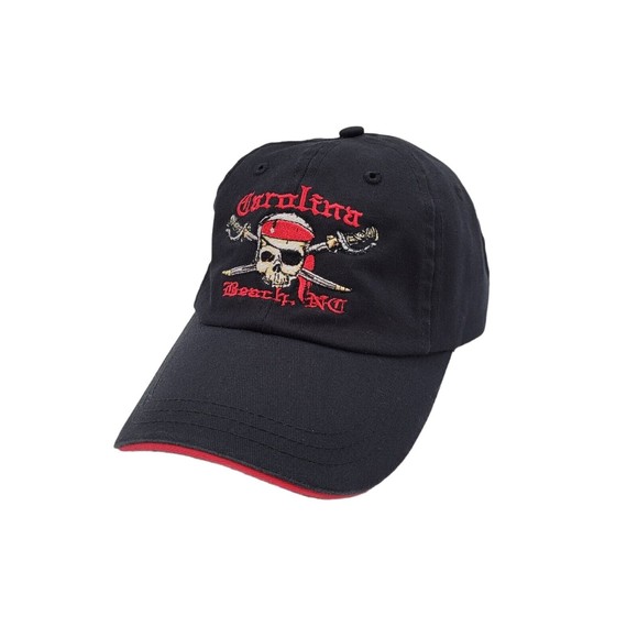 Carolina Beach NC North Carolina Pirate Embroidered Black Red Hat Cap Hook Loop - Picture 2 of 11